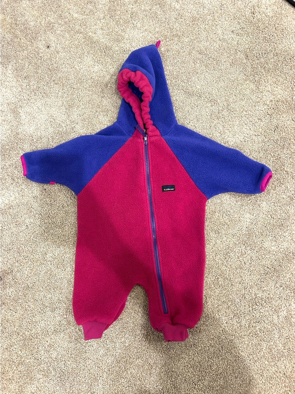 Vintage L.L. Bean Fleece Snowsuit Bunting Size 6M Colorblock Purple Pink USA
